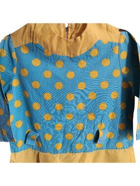 Vintage Girls Dress 10/12 1960s Yellow Blue Polka Dot Rodeo Clown USA Handmade